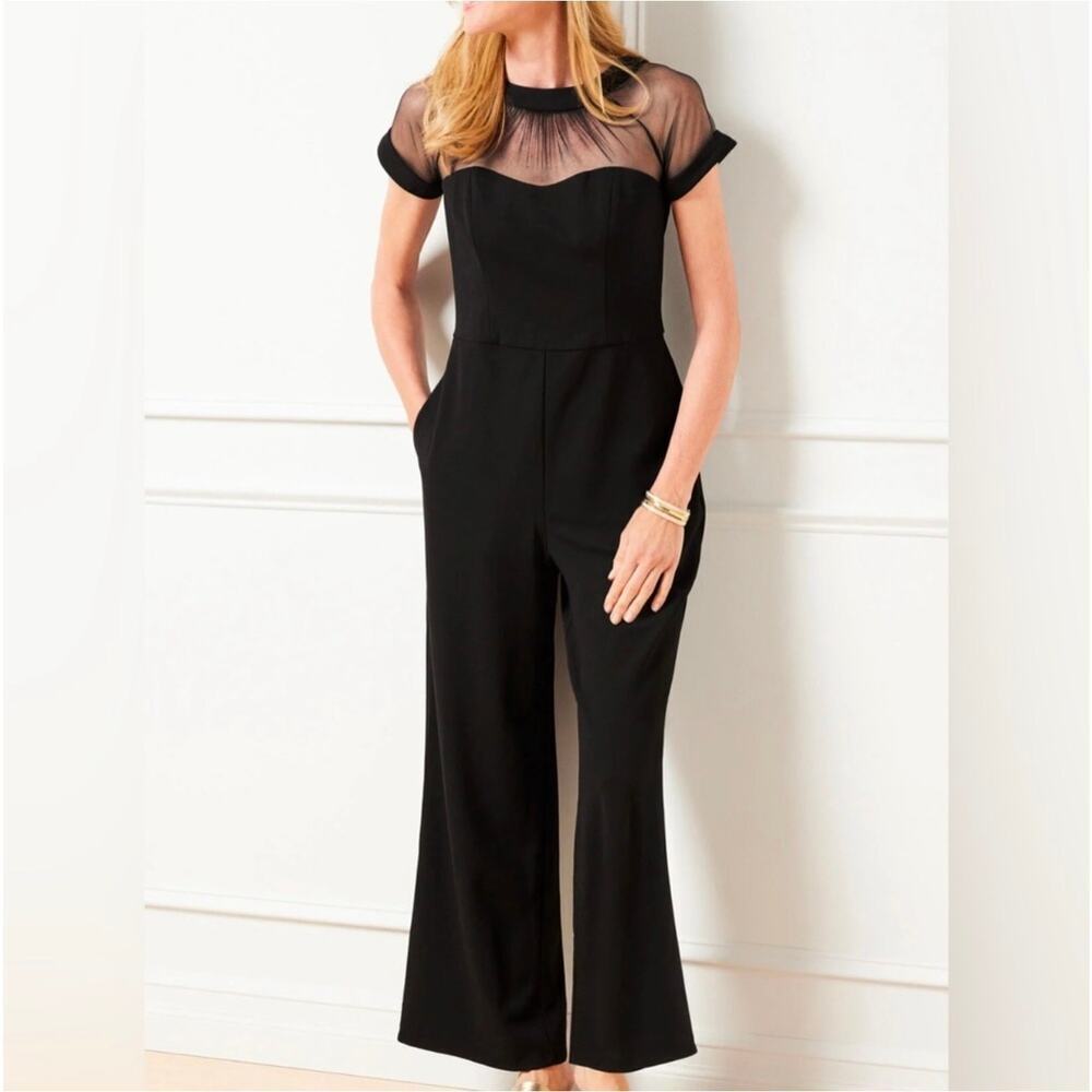 Maggy London Black Illusion Mesh Short Sleeve Wide Leg Jumpsuit Size 10